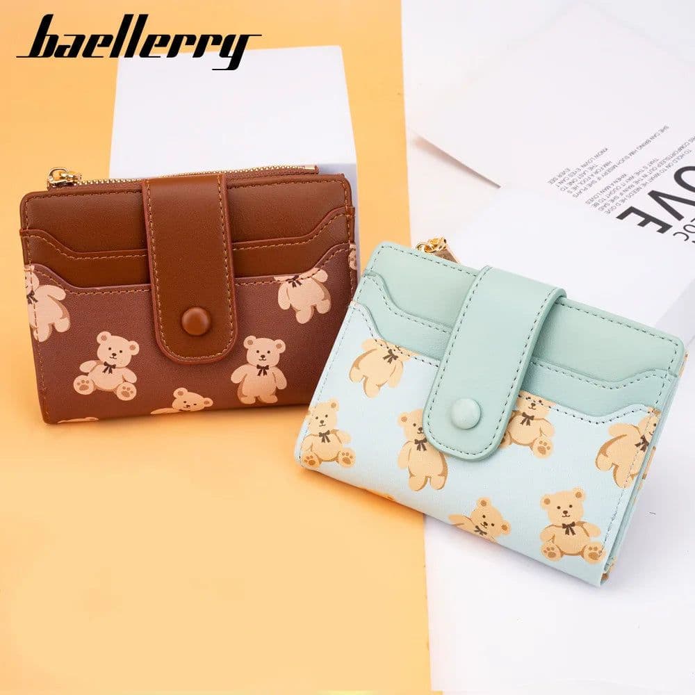 image-Women Short Wallets PU Leather Female Bifold Purses Cute Bear Card Holder Wallet for Girl Small Zipper Wallet with Coin Purse
