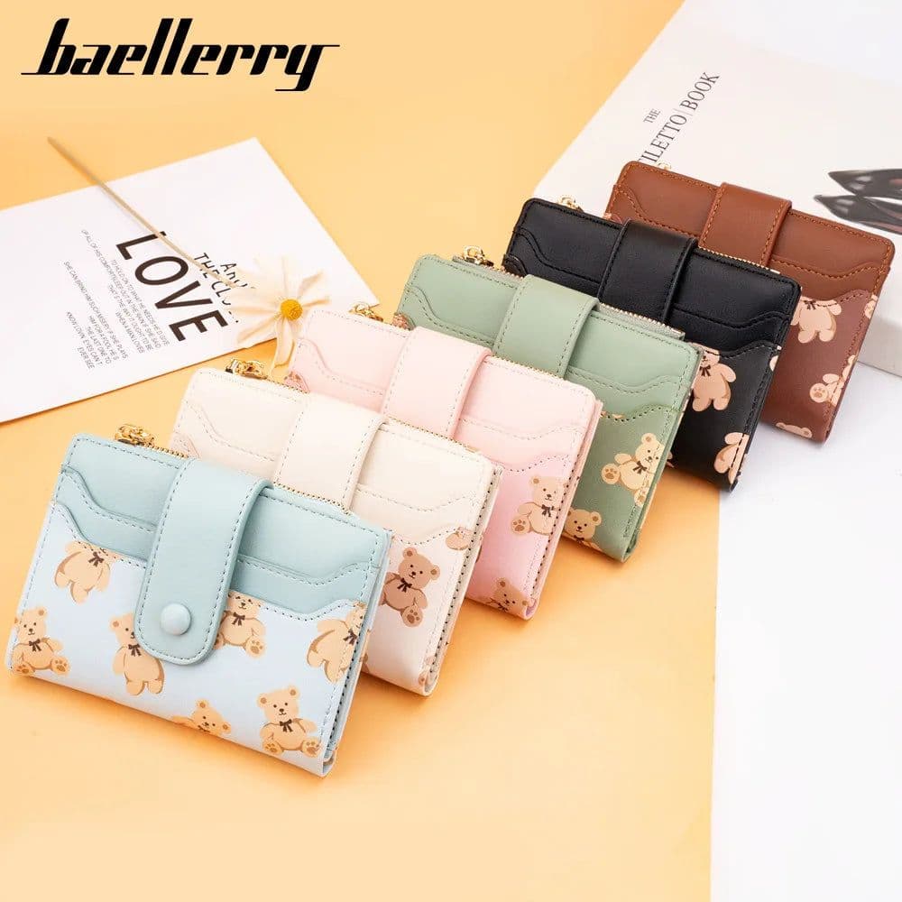 image-Women Short Wallets PU Leather Female Bifold Purses Cute Bear Card Holder Wallet for Girl Small Zipper Wallet with Coin Purse