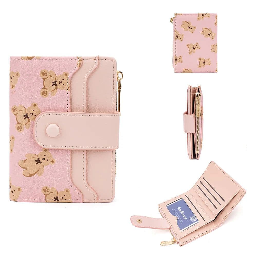 image-Women Short Wallets PU Leather Female Bifold Purses Cute Bear Card Holder Wallet for Girl Small Zipper Wallet with Coin Purse