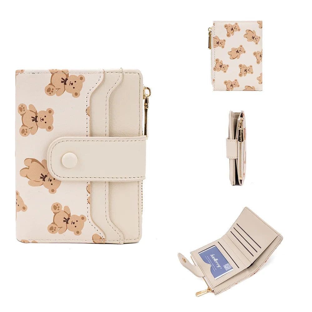 image-Women Short Wallets PU Leather Female Bifold Purses Cute Bear Card Holder Wallet for Girl Small Zipper Wallet with Coin Purse