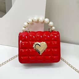 image-Women Handbag Faux Pearl Handle Golden Love Heart Detachable Metal Chain Mini Elegant Girl Single Shoulder Bag Purse