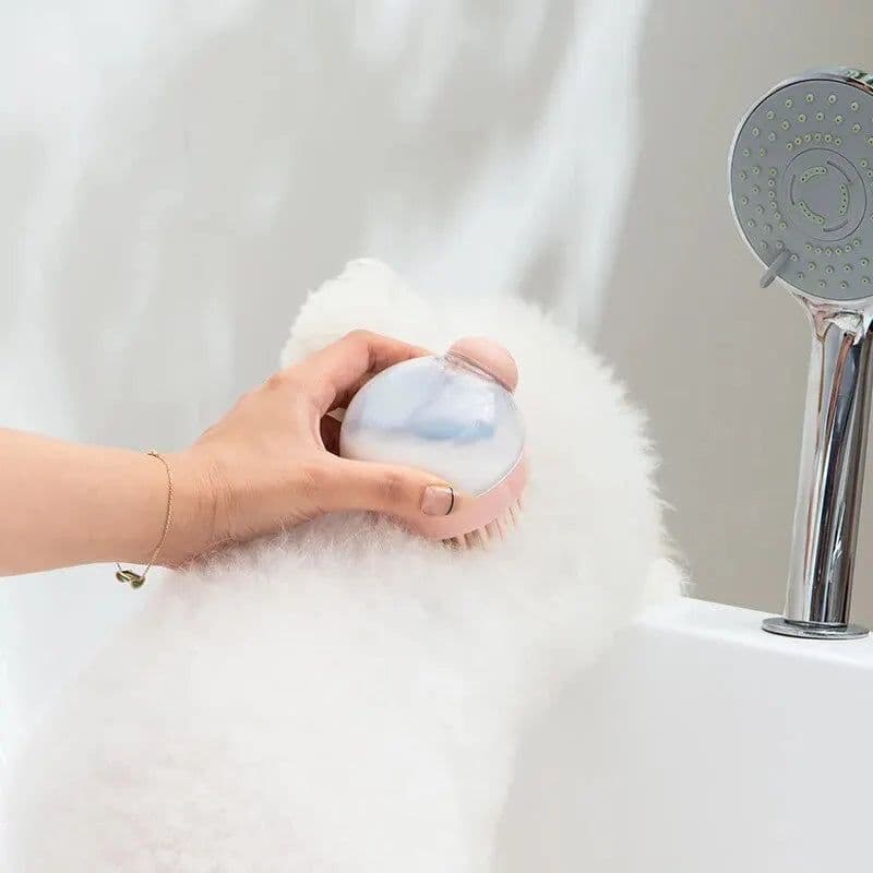 image-Dog Shower Brush,Pet Dog Grooming Massage Bath Cleaning Brush with Shampoo Dispenser for Long Hair Dogs and Cats Shower