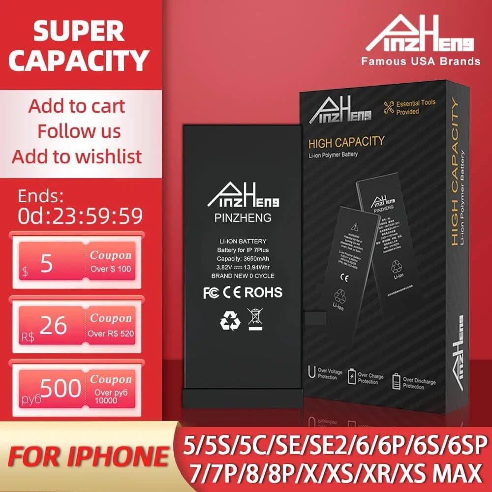 image-PINZHENG Real High Capacity Battery For iPhone 5S SE 6 6S 7 8 Plus X Xr Xs Max Phone Replacement Bateria Warranty One Year