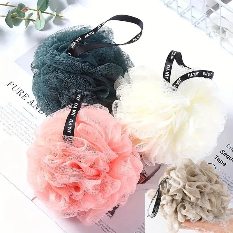 image-Colorful Mesh Pouf Shower Sponge With Loofah And Shower Ball Soft And Gentle On Skin Perfect For Bathing And Showering
