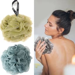 image-Colorful Mesh Pouf Shower Sponge With Loofah And Shower Ball Soft And Gentle On Skin Perfect For Bathing And Showering