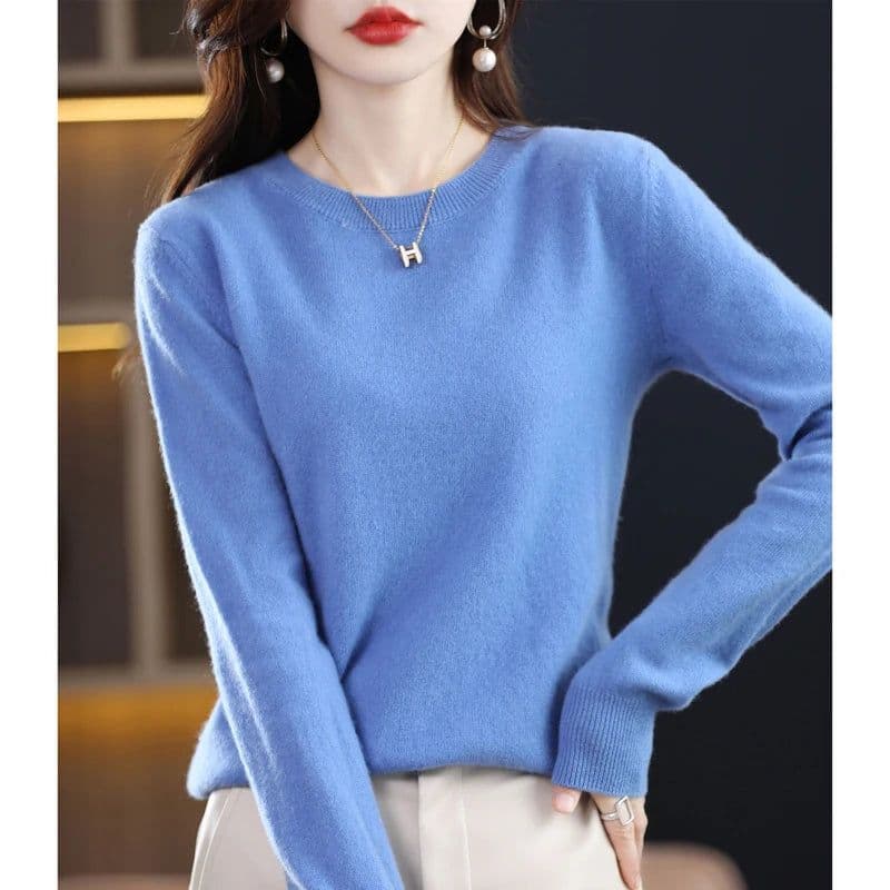 image-Women's 100% Pure Wool Cashmere Sweater O-Neck Pullover Knitted Casual Sweater Winter New Long-Sleeved Warm High-Grade Jumper