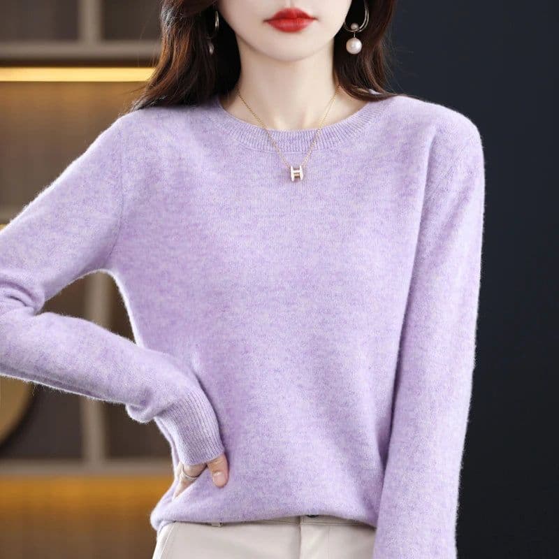 image-Women's 100% Pure Wool Cashmere Sweater O-Neck Pullover Knitted Casual Sweater Winter New Long-Sleeved Warm High-Grade Jumper