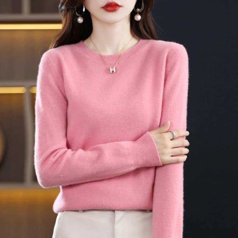 image-Women's 100% Pure Wool Cashmere Sweater O-Neck Pullover Knitted Casual Sweater Winter New Long-Sleeved Warm High-Grade Jumper