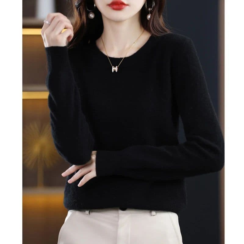 image-Women's 100% Pure Wool Cashmere Sweater O-Neck Pullover Knitted Casual Sweater Winter New Long-Sleeved Warm High-Grade Jumper
