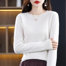 image-Women's 100% Pure Wool Cashmere Sweater O-Neck Pullover Knitted Casual Sweater Winter New Long-Sleeved Warm High-Grade Jumper