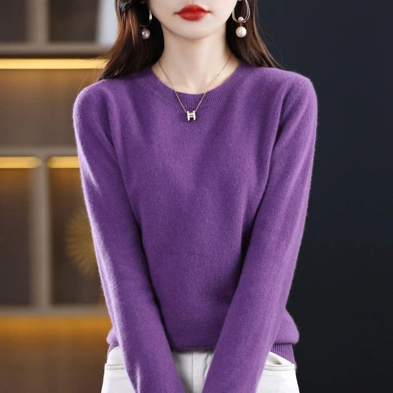 image-Women's 100% Pure Wool Cashmere Sweater O-Neck Pullover Knitted Casual Sweater Winter New Long-Sleeved Warm High-Grade Jumper