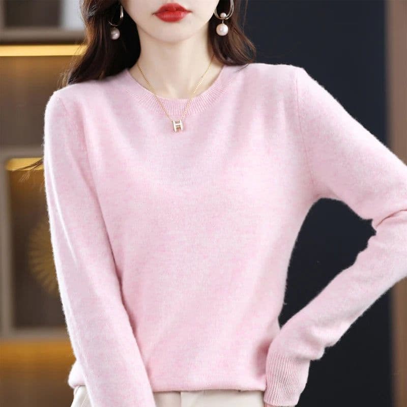 image-Women's 100% Pure Wool Cashmere Sweater O-Neck Pullover Knitted Casual Sweater Winter New Long-Sleeved Warm High-Grade Jumper