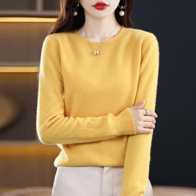 image-Women's 100% Pure Wool Cashmere Sweater O-Neck Pullover Knitted Casual Sweater Winter New Long-Sleeved Warm High-Grade Jumper