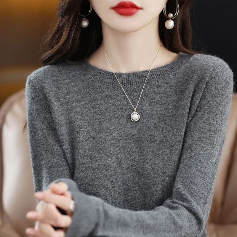 image-Women's 100% Pure Wool Cashmere Sweater O-Neck Pullover Knitted Casual Sweater Winter New Long-Sleeved Warm High-Grade Jumper