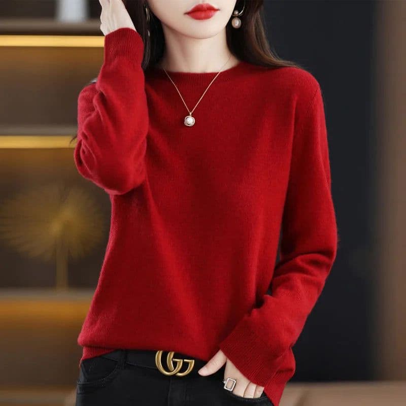 image-Women's 100% Pure Wool Cashmere Sweater O-Neck Pullover Knitted Casual Sweater Winter New Long-Sleeved Warm High-Grade Jumper