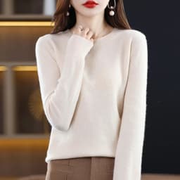 image-Women's 100% Pure Wool Cashmere Sweater O-Neck Pullover Knitted Casual Sweater Winter New Long-Sleeved Warm High-Grade Jumper