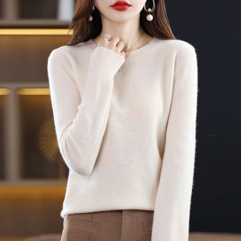 image-Women's 100% Pure Wool Cashmere Sweater O-Neck Pullover Knitted Casual Sweater Winter New Long-Sleeved Warm High-Grade Jumper