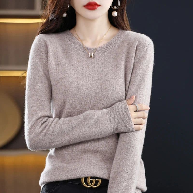 image-Women's 100% Pure Wool Cashmere Sweater O-Neck Pullover Knitted Casual Sweater Winter New Long-Sleeved Warm High-Grade Jumper