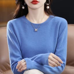 image-Women's 100% Pure Wool Cashmere Sweater O-Neck Pullover Knitted Casual Sweater Winter New Long-Sleeved Warm High-Grade Jumper