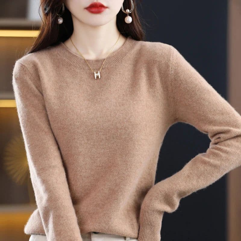 image-Women's 100% Pure Wool Cashmere Sweater O-Neck Pullover Knitted Casual Sweater Winter New Long-Sleeved Warm High-Grade Jumper