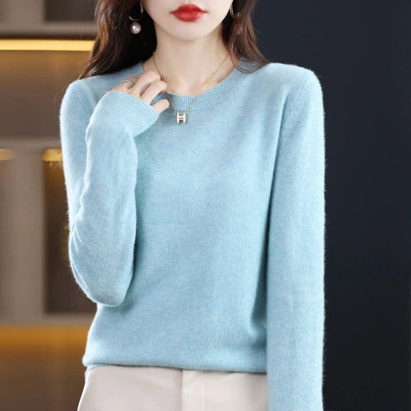 image-Women's 100% Pure Wool Cashmere Sweater O-Neck Pullover Knitted Casual Sweater Winter New Long-Sleeved Warm High-Grade Jumper