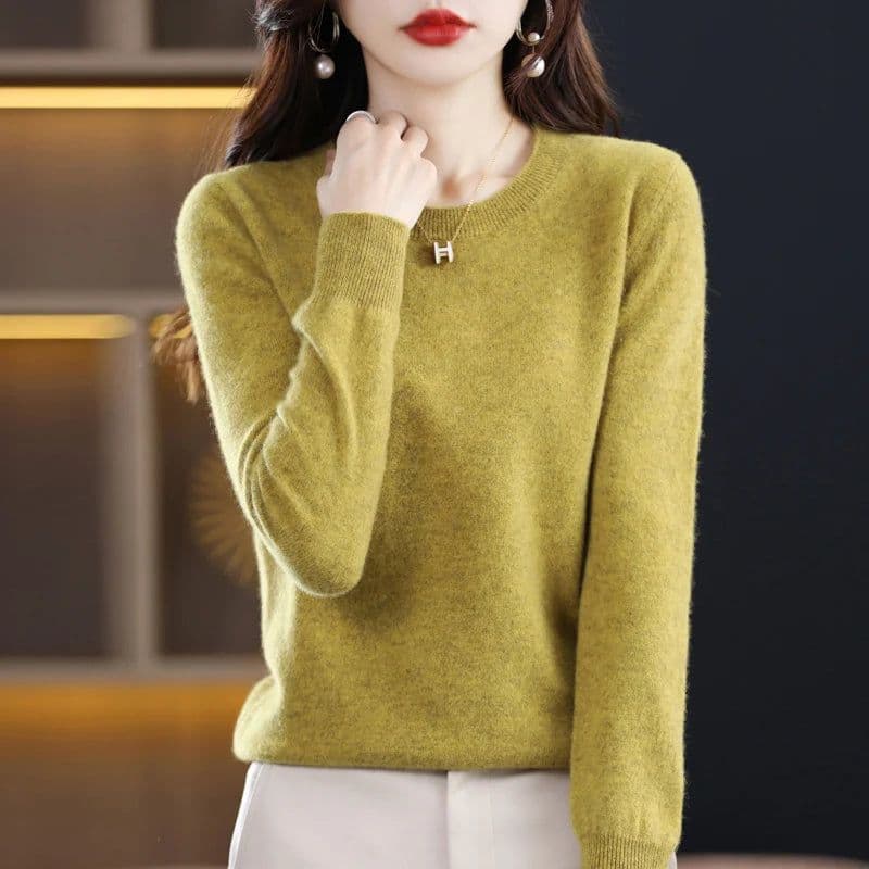 image-Women's 100% Pure Wool Cashmere Sweater O-Neck Pullover Knitted Casual Sweater Winter New Long-Sleeved Warm High-Grade Jumper