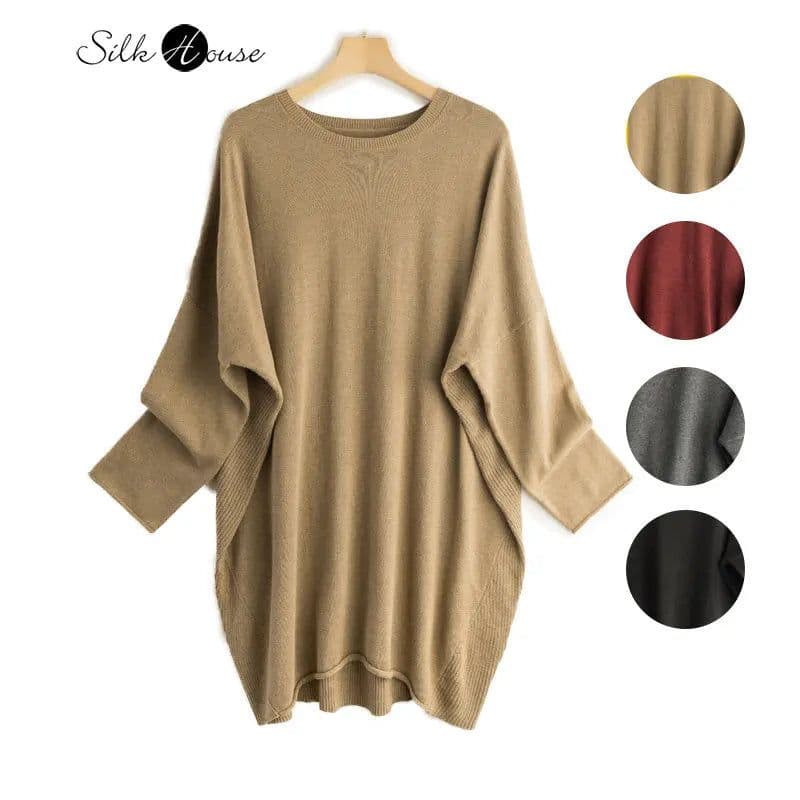 image-Silk Cashmere Sweater Women's Mulberry Silk Round Neck Solid Color Bottomed Shirt Top Medium Long Batwing Sleeve Loose Sweater