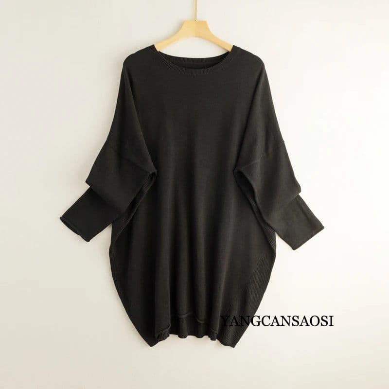 image-Silk Cashmere Sweater Women's Mulberry Silk Round Neck Solid Color Bottomed Shirt Top Medium Long Batwing Sleeve Loose Sweater