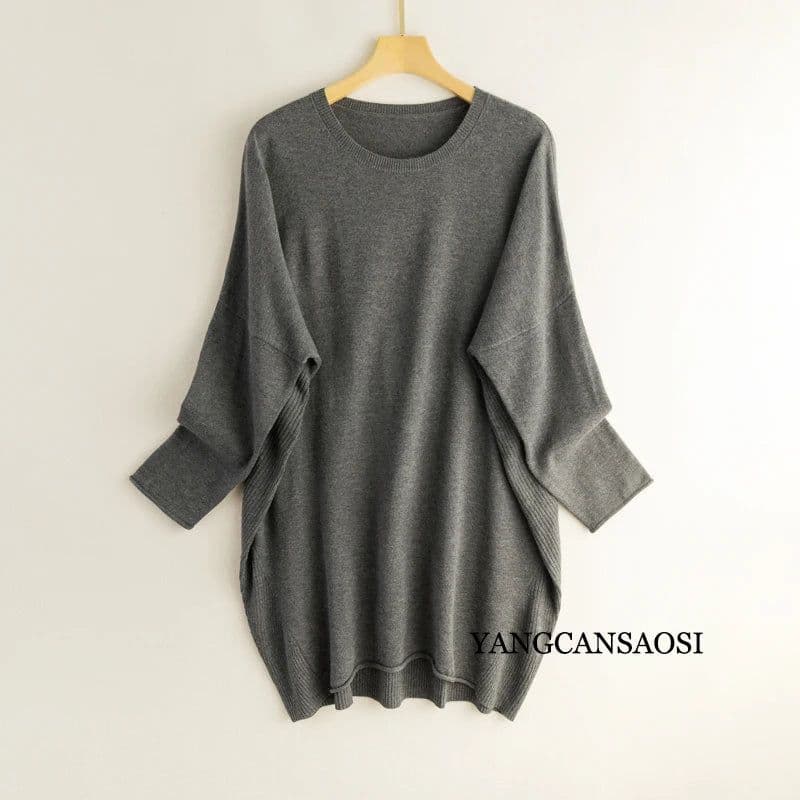 image-Silk Cashmere Sweater Women's Mulberry Silk Round Neck Solid Color Bottomed Shirt Top Medium Long Batwing Sleeve Loose Sweater
