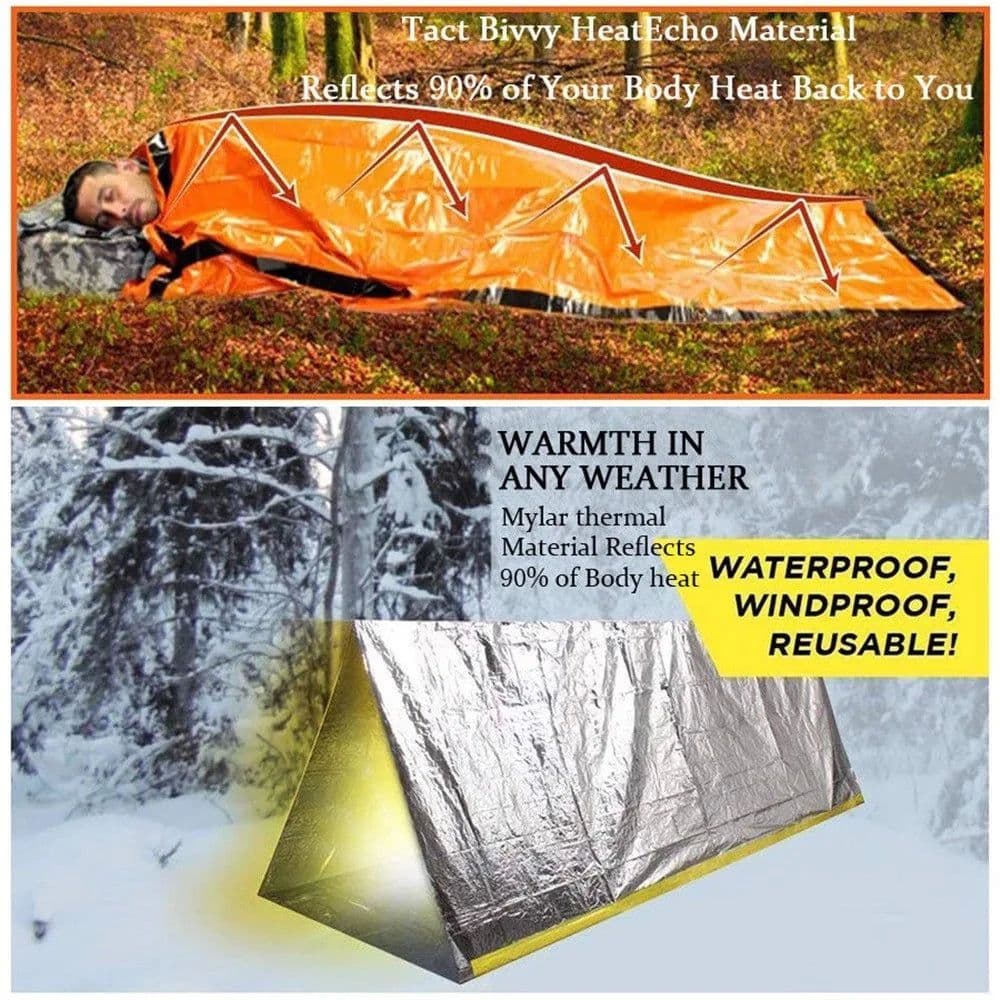 image-Portable Waterproof Emergency Survival Sleeping Bag Outdoor Edc Camping Gear Thermal Sack First Aid Rescue Kit Mylar Blanket
