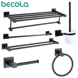 image-55CM Matte Black Double Towel Bars Bathroom Towel Hanger Space Aluminum Bathroom Accessories Towel Rack Towel Ring Toilet Brush