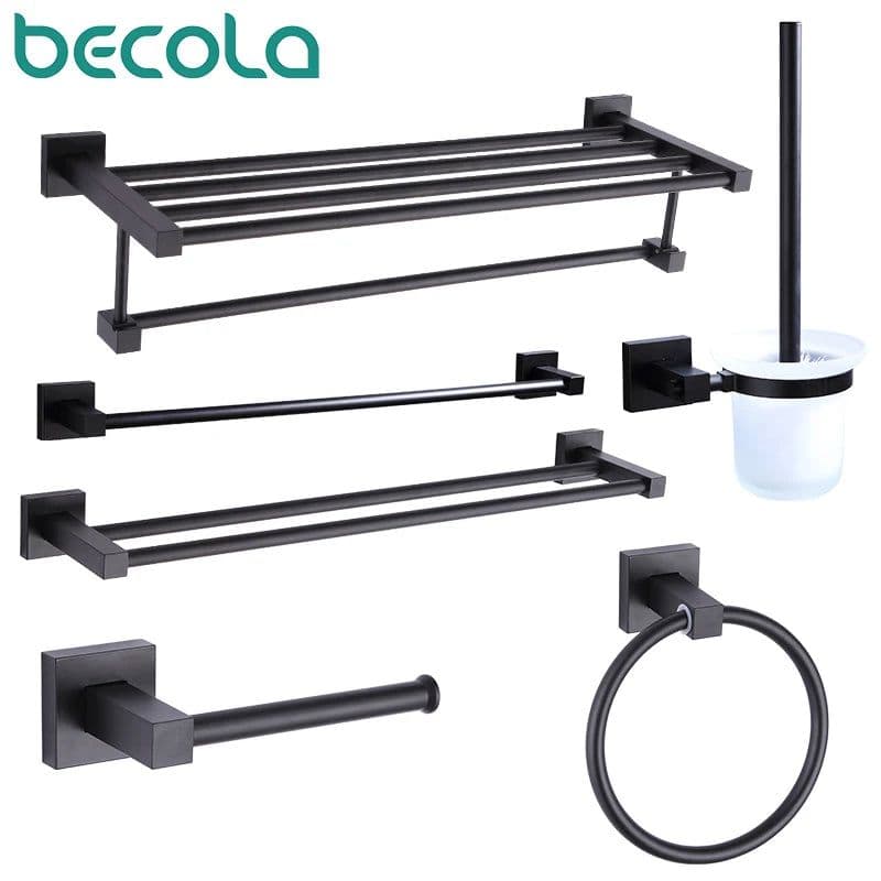 image-55CM Matte Black Double Towel Bars Bathroom Towel Hanger Space Aluminum Bathroom Accessories Towel Rack Towel Ring Toilet Brush