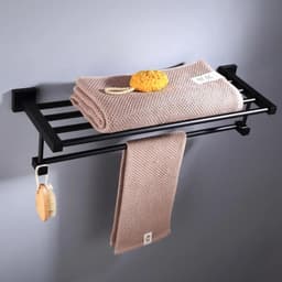 image-55CM Matte Black Double Towel Bars Bathroom Towel Hanger Space Aluminum Bathroom Accessories Towel Rack Towel Ring Toilet Brush