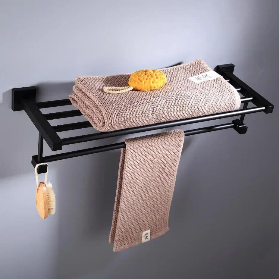 image-55CM Matte Black Double Towel Bars Bathroom Towel Hanger Space Aluminum Bathroom Accessories Towel Rack Towel Ring Toilet Brush
