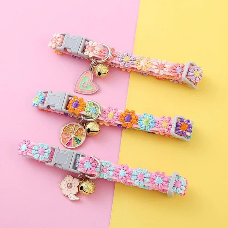 image-Fashion Rainbow Flower Cat Collar With Bell Kitten Puppy Necklace Adjustable Buckle Colorful Lace Kitten Collar Dog Accessories