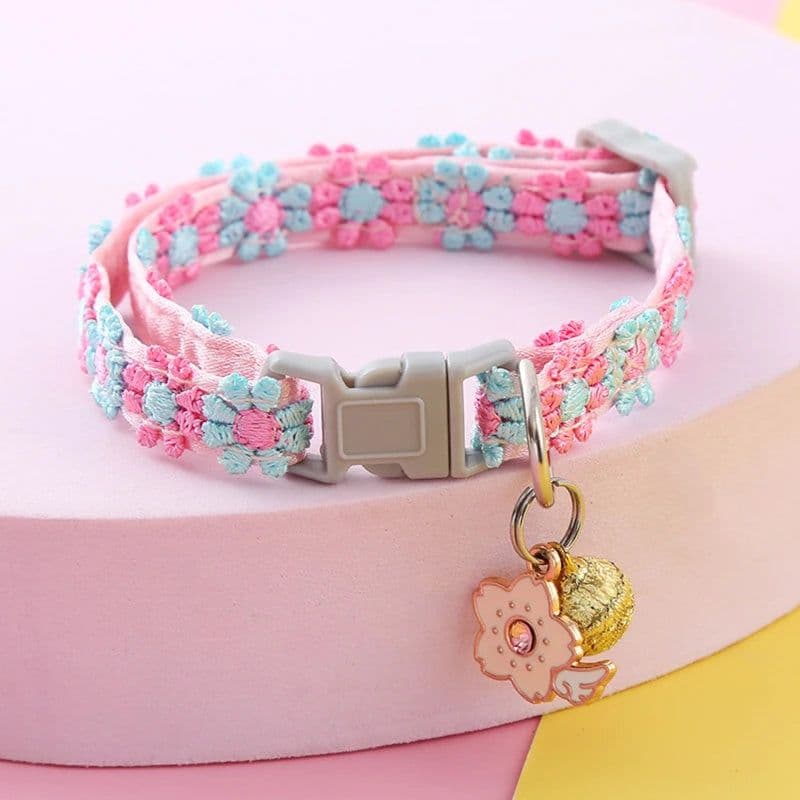 image-Fashion Rainbow Flower Cat Collar With Bell Kitten Puppy Necklace Adjustable Buckle Colorful Lace Kitten Collar Dog Accessories