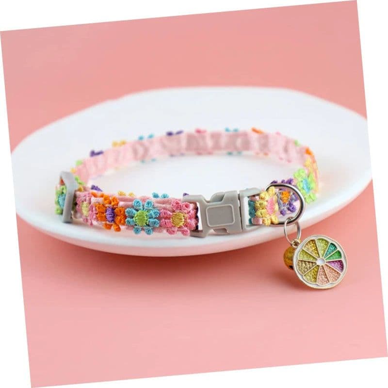 image-Fashion Rainbow Flower Cat Collar With Bell Kitten Puppy Necklace Adjustable Buckle Colorful Lace Kitten Collar Dog Accessories