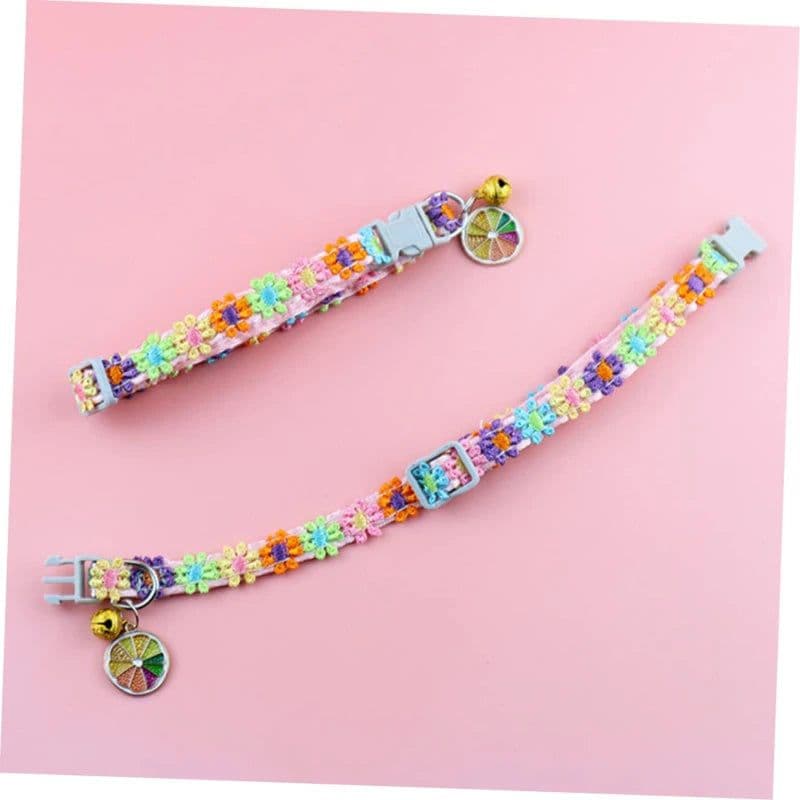 image-Fashion Rainbow Flower Cat Collar With Bell Kitten Puppy Necklace Adjustable Buckle Colorful Lace Kitten Collar Dog Accessories