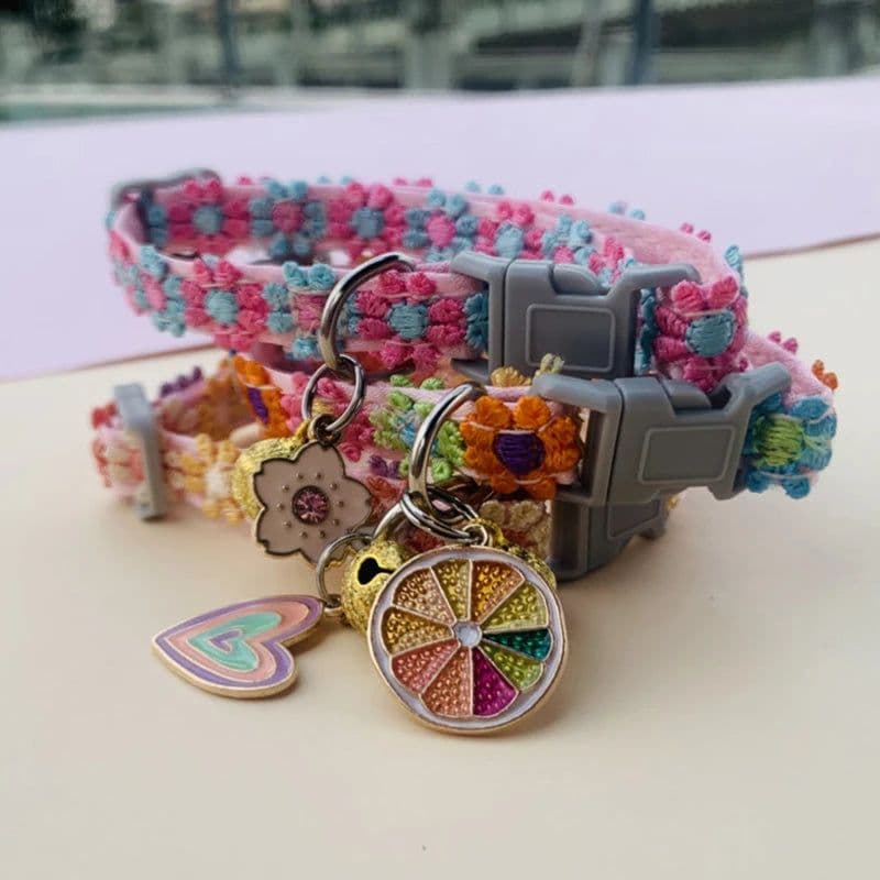 image-Fashion Rainbow Flower Cat Collar With Bell Kitten Puppy Necklace Adjustable Buckle Colorful Lace Kitten Collar Dog Accessories