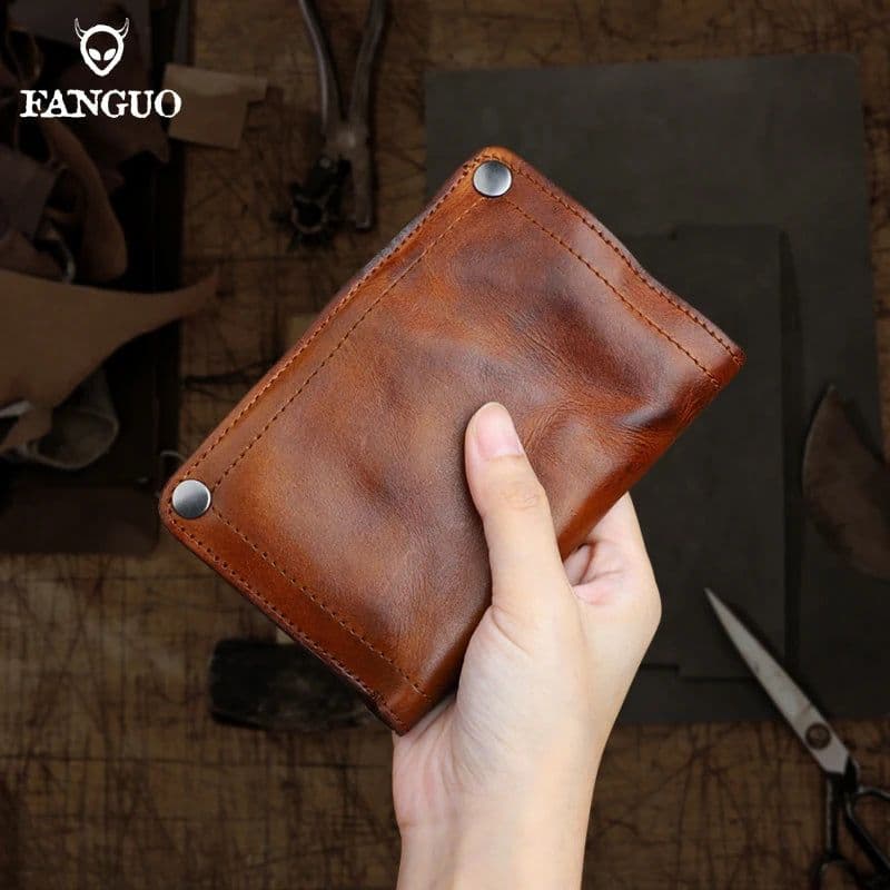 image-Handmade Wrinkle Wallet Original Leather Genuine Cow Leather Vertical Mens Wallets Retro Money Clips Luxury Short Billfold Purse