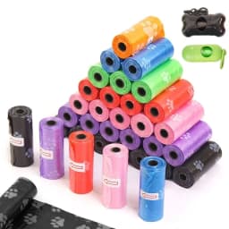 image-Pet Poop Bags Disposable Dog Waste Bags, Bulk Poop Bags with Leash Clip and Bone Bag Dispenser 1Roll Bags with Paw Prints