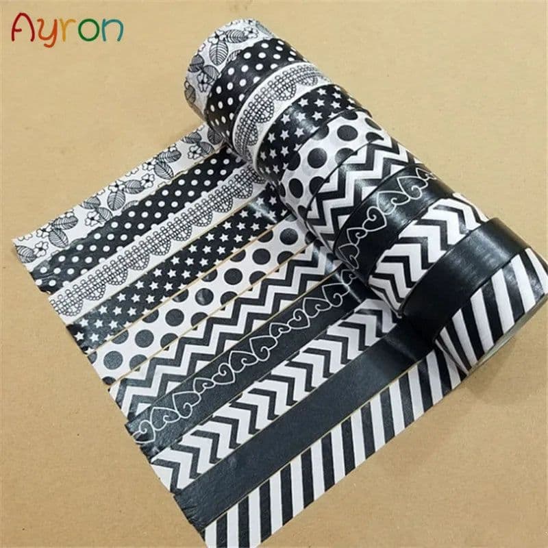 image-10m 1x Black and White Adhesive Tape Japanese Washi Tape Decorative Tape DIY Scrapbook Paper Photo Album Masking Tape Set