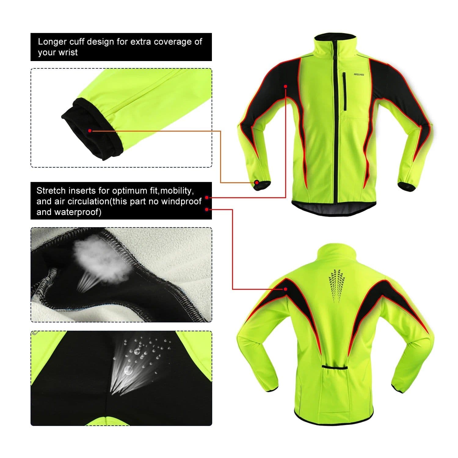 image-ARSUXEO Men's Warm Cycling Jacket Fleece Bike Jersey Windproof Waterproof Softshell Coat Bicycle Clothing Motorcycle Raincoat