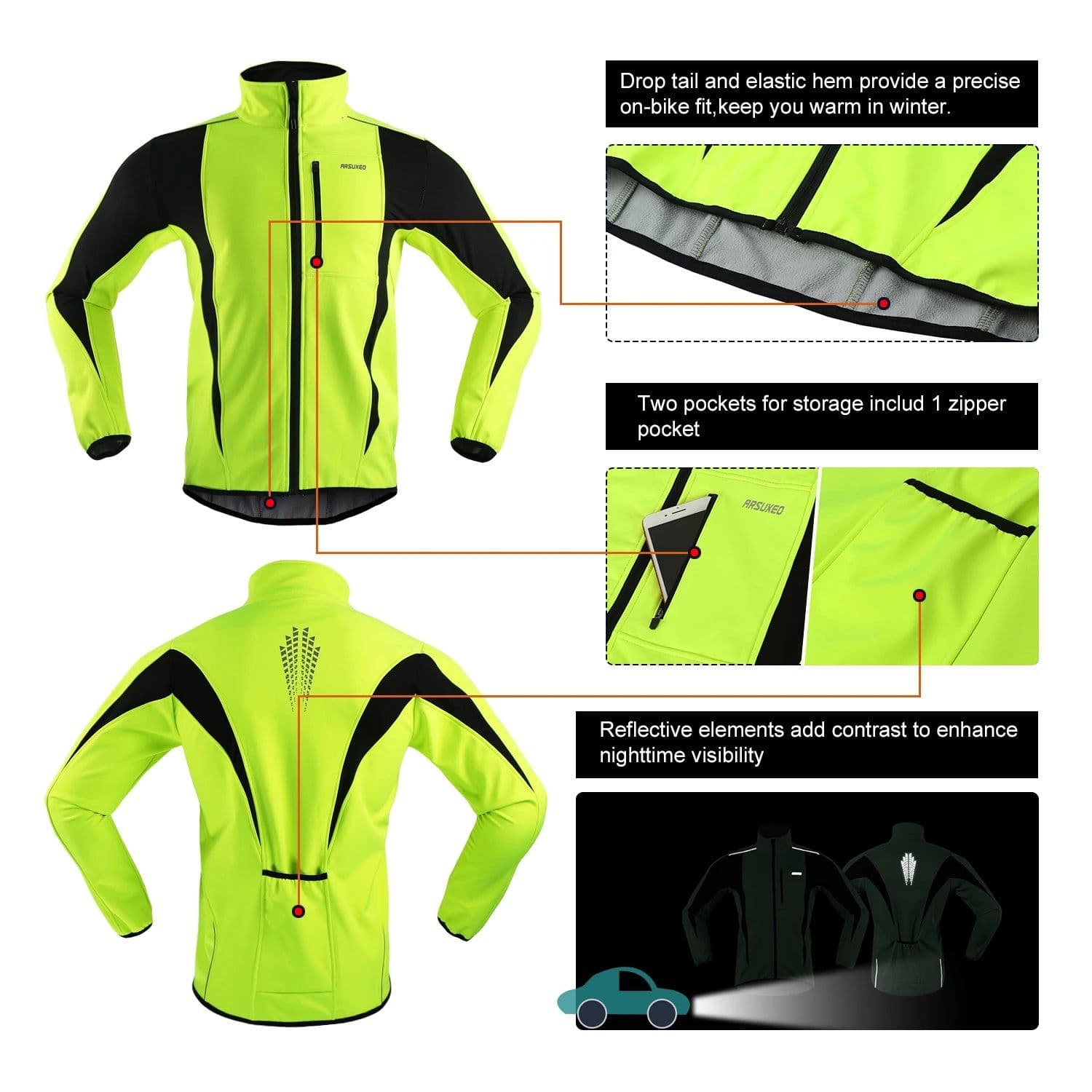 image-ARSUXEO Men's Warm Cycling Jacket Fleece Bike Jersey Windproof Waterproof Softshell Coat Bicycle Clothing Motorcycle Raincoat