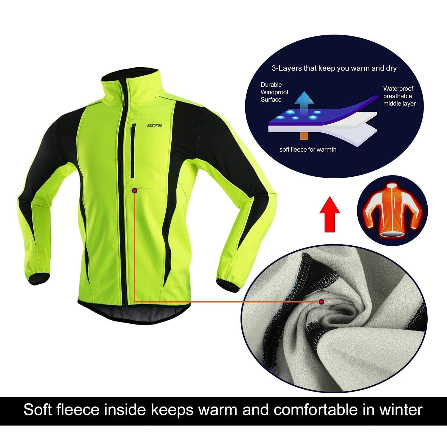 image-ARSUXEO Men's Warm Cycling Jacket Fleece Bike Jersey Windproof Waterproof Softshell Coat Bicycle Clothing Motorcycle Raincoat