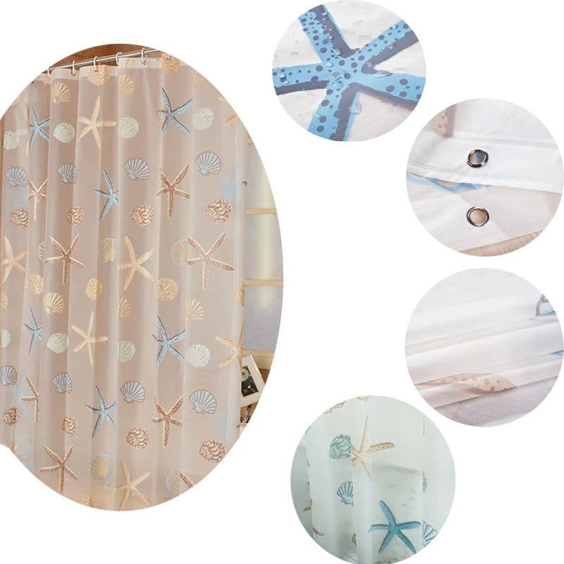 image-Starfish Pattern PEVA Shower Curtain Seaside Style Bathroom Bath Curtain With Hooks Waterproof Mildew Bathroom Accessories