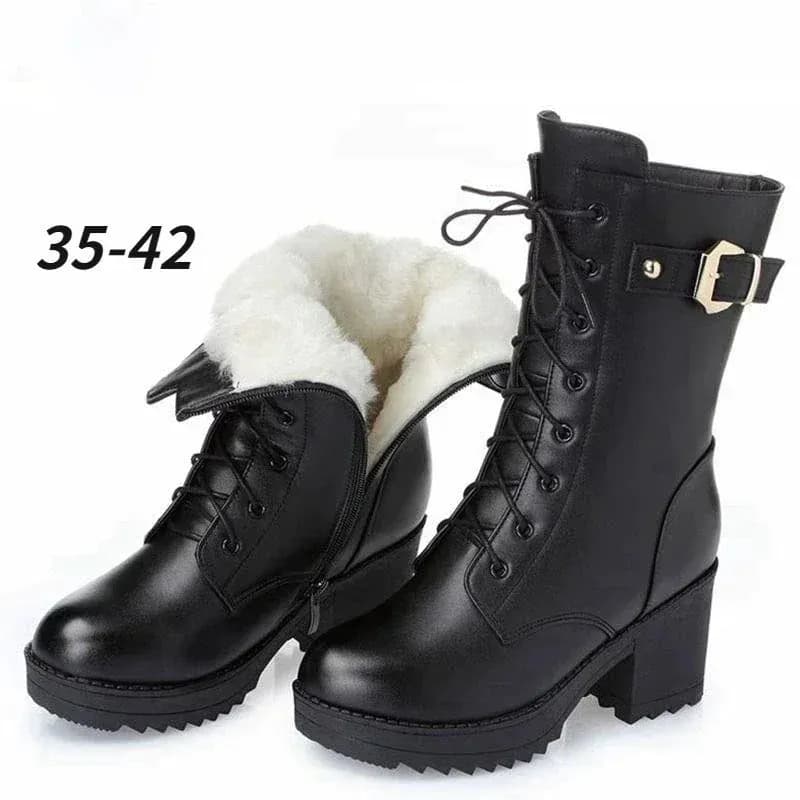 image-2023 Winter Leather Women Winter Boots Thick Wool Warm Women High-heeled Genuine Boot High-quality Female Snow Boots Women Shoes
