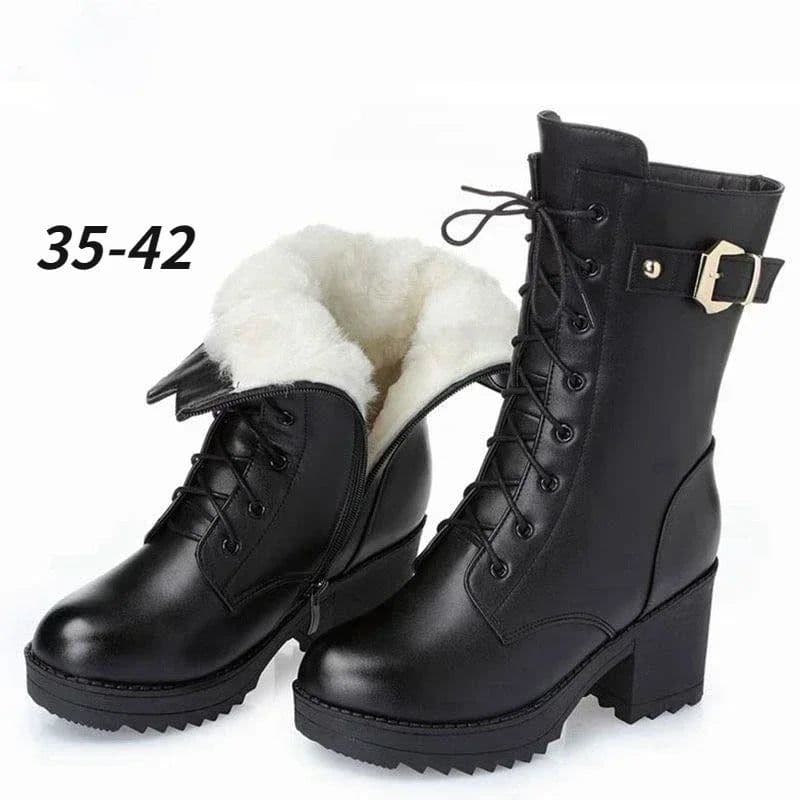 image-2023 Winter Leather Women Winter Boots Thick Wool Warm Women High-heeled Genuine Boot High-quality Female Snow Boots Women Shoes