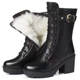 image-2023 Winter Leather Women Winter Boots Thick Wool Warm Women High-heeled Genuine Boot High-quality Female Snow Boots Women Shoes