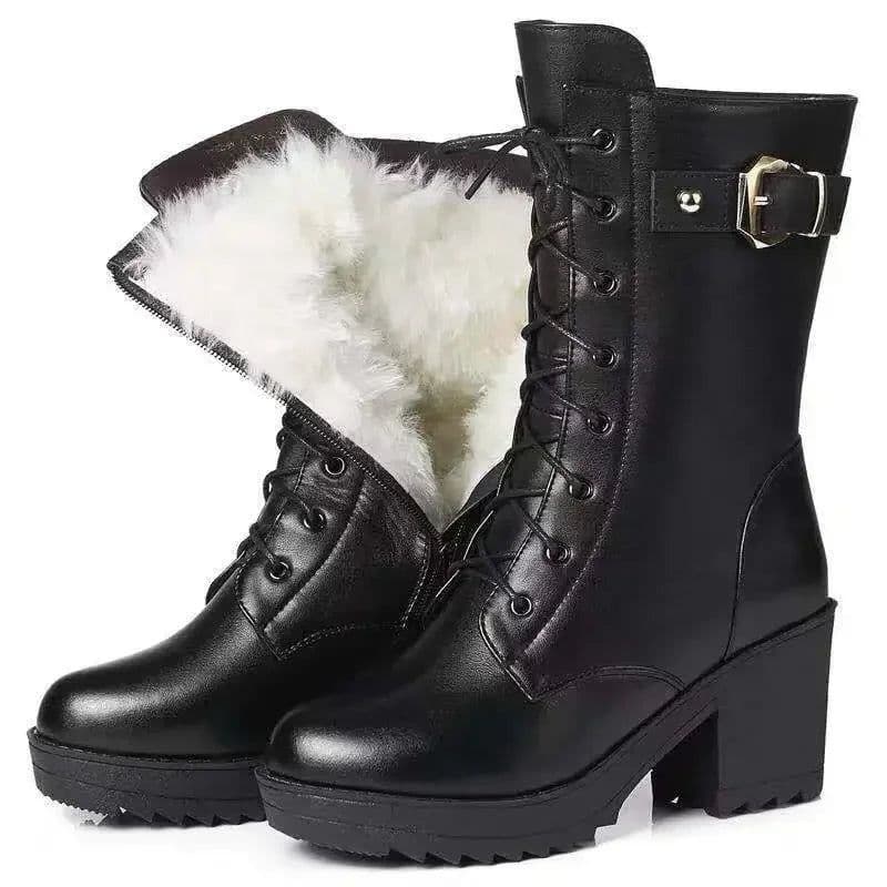image-2023 Winter Leather Women Winter Boots Thick Wool Warm Women High-heeled Genuine Boot High-quality Female Snow Boots Women Shoes
